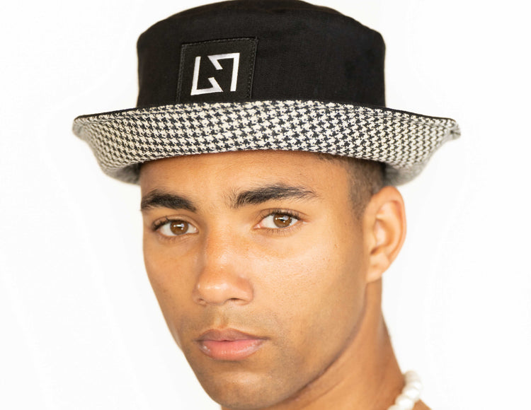 ?OOAK DENIM HOUNDSTOOTH BUCKET HAT Made my second baseball hat and it main image 4