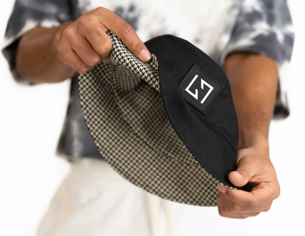 LARAY - Denim Twill and Houndstooth Pattern Reversible Bucket Hat